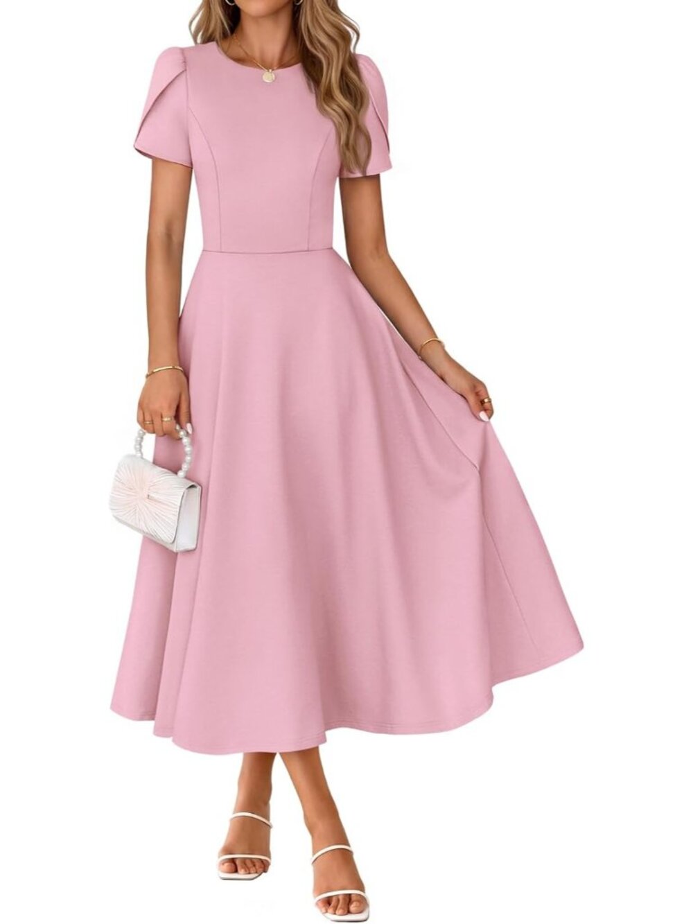 Women's Pink Short Sleeve A Line With Pockets Formal Wedding Guest Midi Dresses